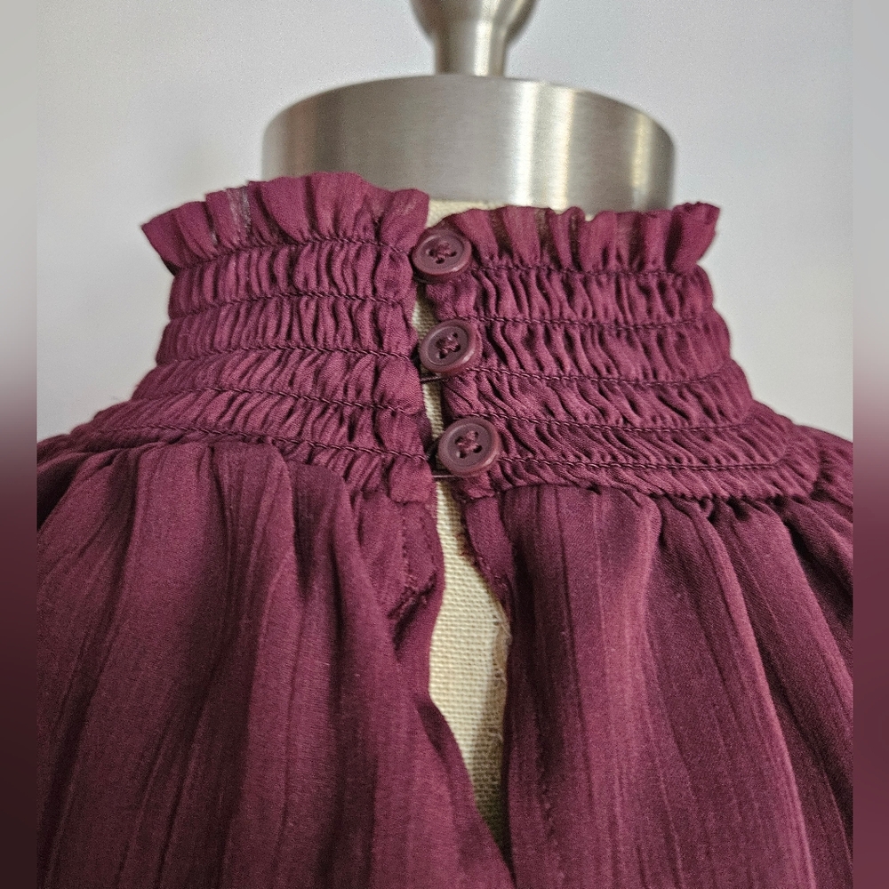 JOIE Long Sleeve Smocked High Neck Sheer Layered Wine Blouse | SZ M - Picture 6 of 10